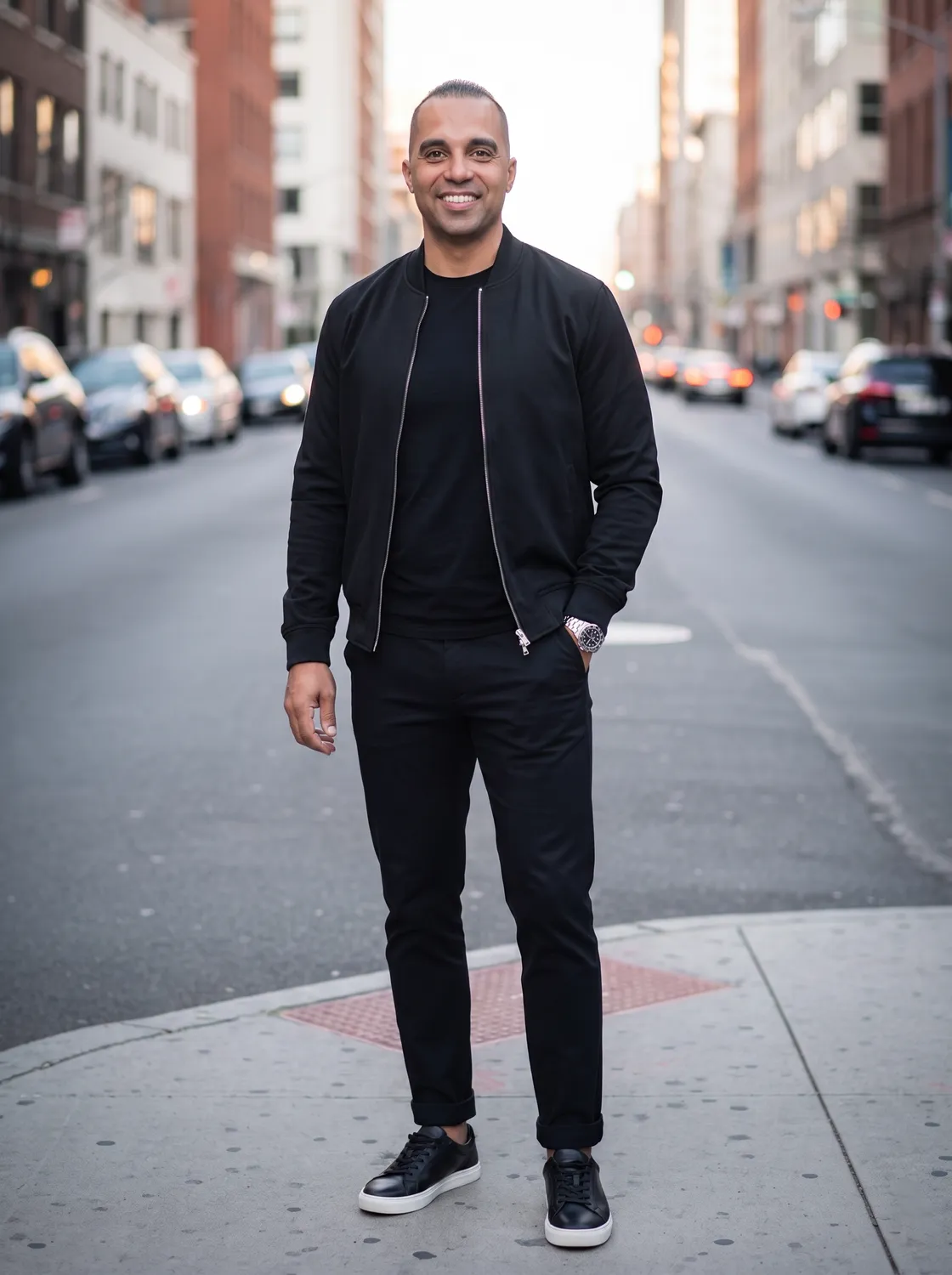 Tyler Perez standing on a city street wearing an all-black outfit with a black bomber jacket